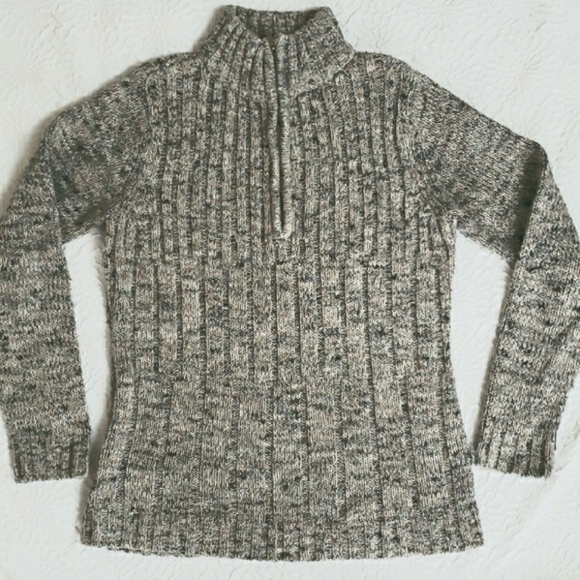 Liz Claiborne Ribbed Marbled Tan & Gray Knit 1/4 Zip Sweater, Size M - Picture 11 of 16